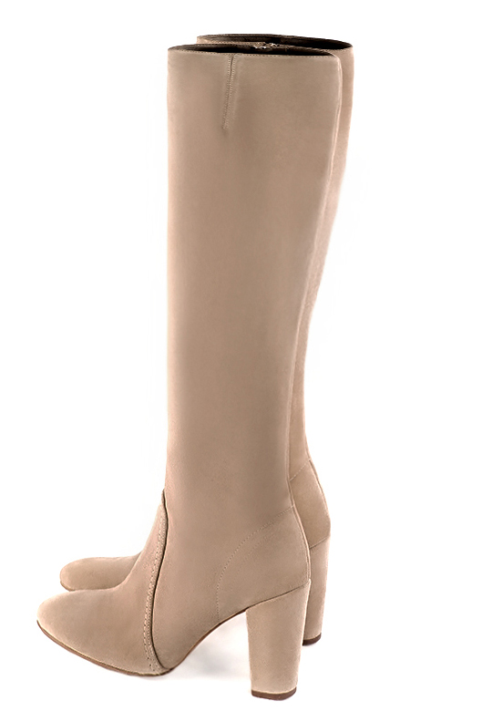 Tan beige women's feminine knee-high boots. Round toe. High block heels. Made to measure. Rear view - Florence KOOIJMAN